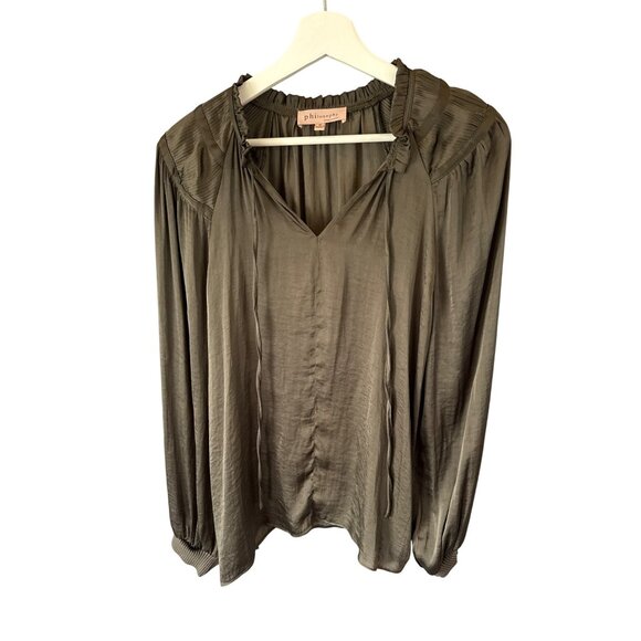 Philosophy Olive Tie Neck Blouse Sz M Long Sleeve Pleated Shoulder Office Career - Picture 1 of 6